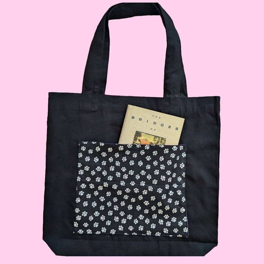 Black Canvas Tote Bag - Small Paws Print